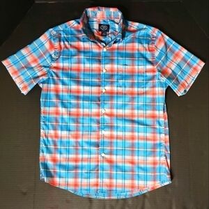 Mens St. John's Bay Blue And Orange Plaid Short Sleeve Button Down Size Medium
